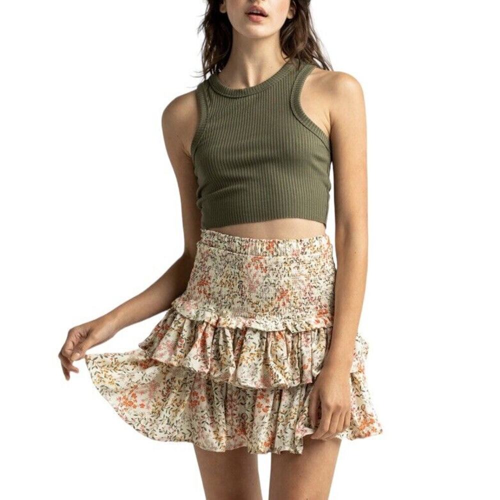 West Of Melrose Women's Pink Beige Floral Mini Ruffle Skirt Size Small
